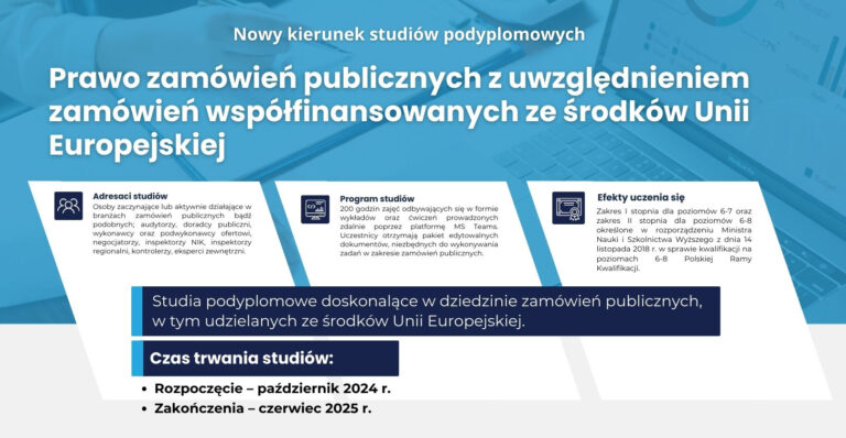 Grafika promująca studia podyplomowe w dziedzinie zamówień publicznych i Funduszy ue