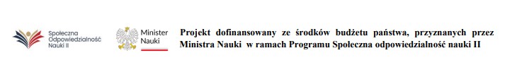 Grafika informacyjna projektu z tekstem: "Projekt dofinansowany ze środków budżetu państwa, przyznanych przez Ministra Nauki w ramach Programu Społeczna odpowiedzialność nauki II"