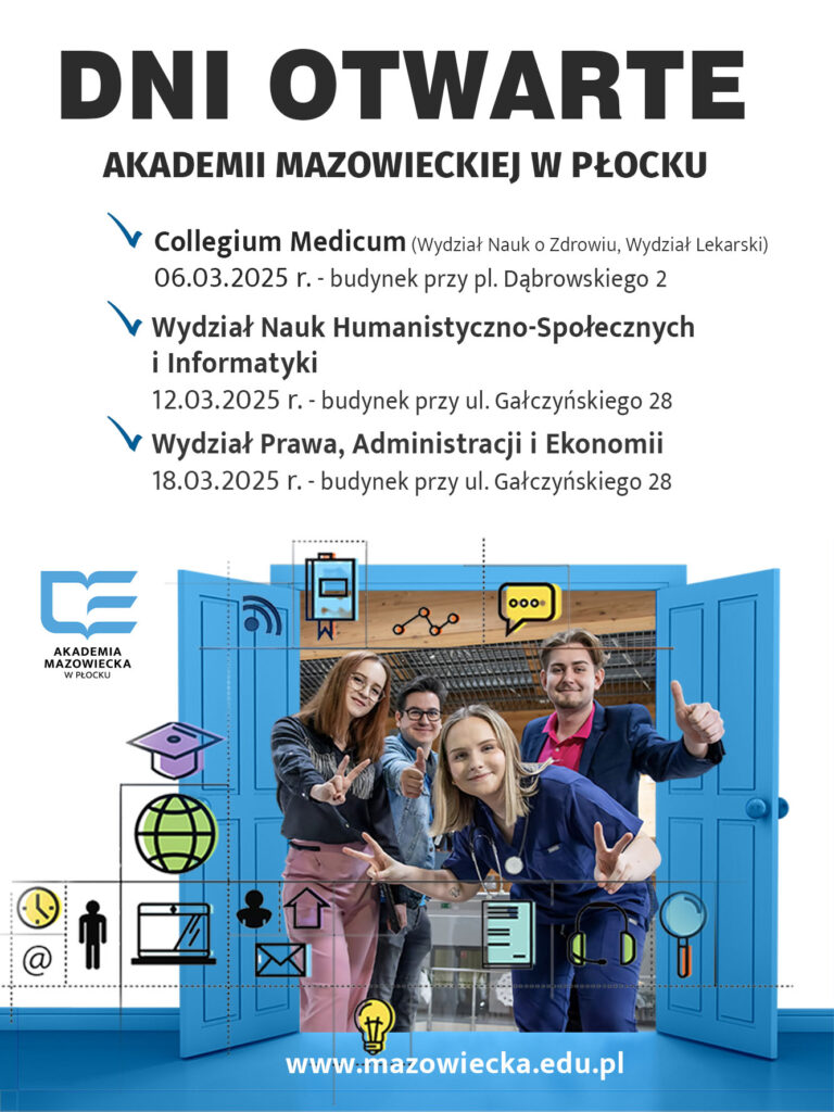 Grafika zawierająca informacje o Dniach Otwartych na poszczególnych wydziałach w Akademii Mazowieckiej w Płocku