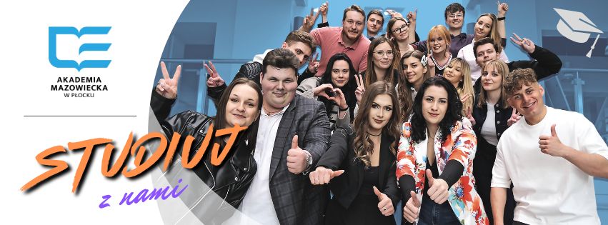 Grafika z napisem studiuj z nami- Akademia Mazowiecka w Płocku