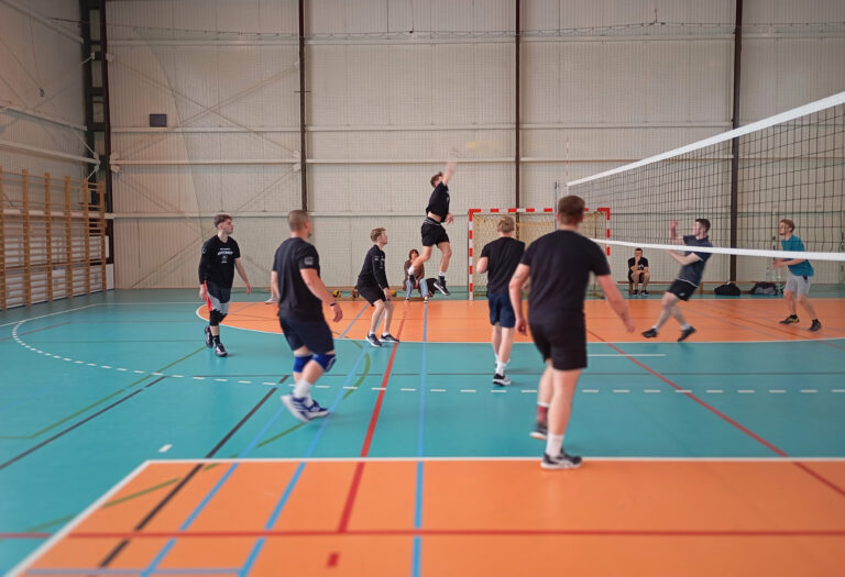 Mężczyźni na boisku hali sportowej rozgrywający mecz piłki siatkowej