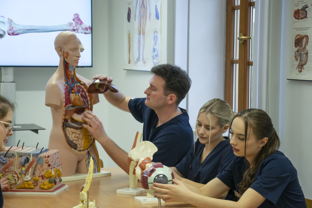 studenci pielęgniarstwa AMP podczas nauki anatomii na fantomie